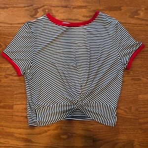 Navy and White Short Sleeve Twist Crop Top